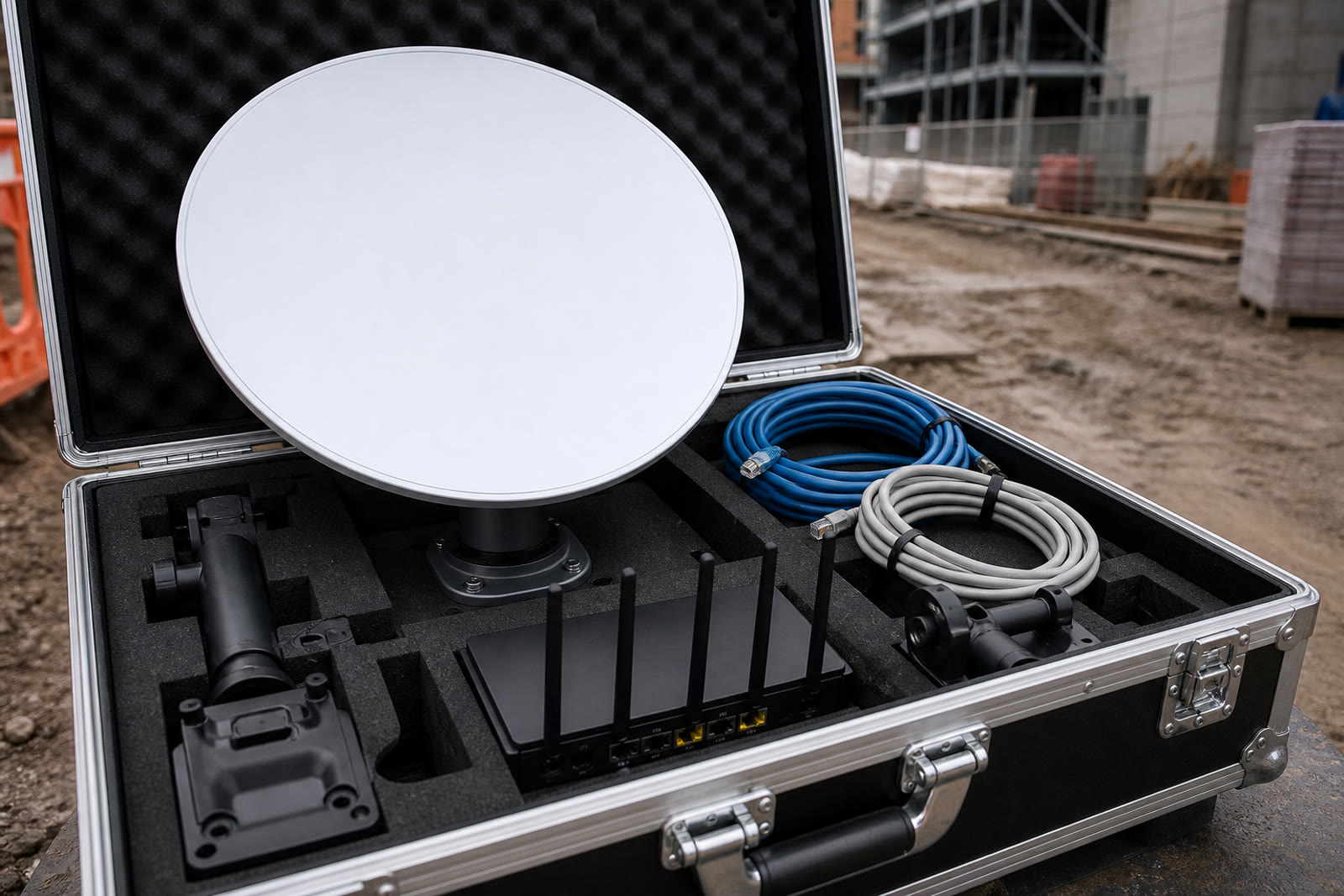 Rental Starlink satellite internet kit in a rugged flight case for construction hire
